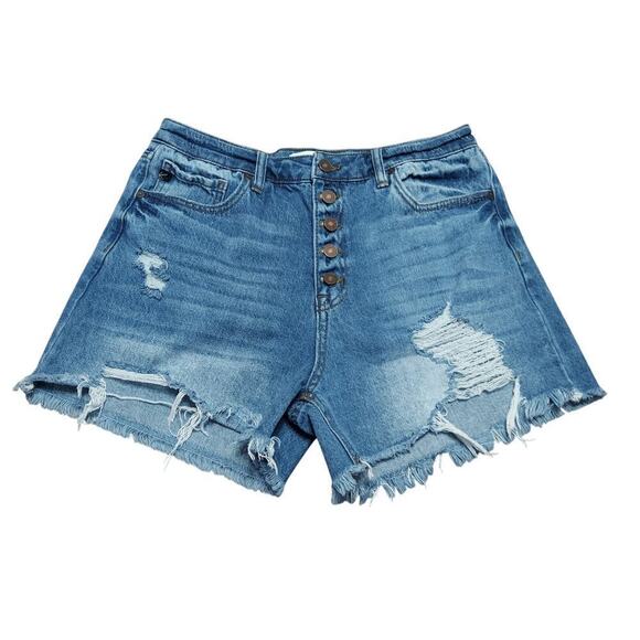 KanCan Junior's Medium Wash Button Fly Distressed Raw Hem Blue Denim Jean Shorts - Picture 1 of 6